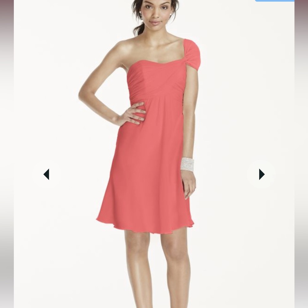 David’s Bridal short one shoulder crinkle chiffon dress